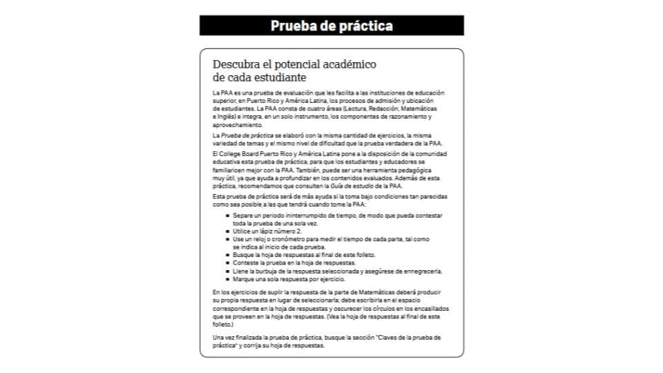 Curso para examen Prueba de Aptitud Academia PAA College Board. Portada de la Prueba Practica. Curso para examen Prueba de Aptitud Academia PAA College Board. Portada de la Prueba Practica.